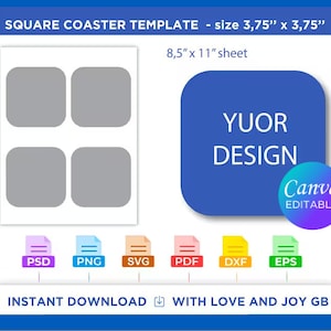 Square Coaster Template, Png, Svg, Dxf, Eps, Pdf, Psd, Ai, Diy, Gift, Wrapper, Label, Canva, Notion, Cricut, Sublimation, Download Printable