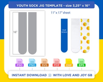May include: A digital template for creating youth socks, measuring 3.25 inches by 16 inches. The template is designed to fit on an 11 inch by 17 inch sheet of paper. The template includes two sock shapes, each with a space for a design. The template is available in PSD, PNG, SVG, PDF, DXF, and EPS formats. The text "INSTANT DOWNLOAD" and "WITH LOVE AND JOY GB" is also included in the image.