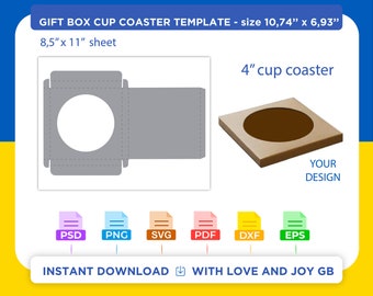 May include: A printable template for a gift box for a 4 inch cup coaster. The template is designed to be printed on an 8.5 by 11 inch sheet of paper. The template includes a design for the box and a design for the coaster. The template is available in a variety of file formats, including PSD, PNG, SVG, PDF, DXF, and EPS.