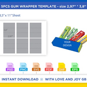 May include: A printable template for 5 gum wrappers, each measuring 2.97 inches by 3.8 inches. The template is designed to fit on an 8.5 inch by 11 inch sheet of paper. The image shows a mockup of the gum wrappers with different flavors, including Spearmint, Big Red, and Juicy Fruit.