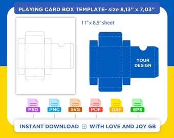 May include: A printable template for a playing card box. The template is for a box that is 8.13 inches by 7.03 inches. The template is designed to be printed on an 11 inch by 8.5 inch sheet of paper. The template includes a blue box with the words "YOUR DESIGN" on it. The template is available in PSD, PNG, SVG, PDF, DXF, and EPS formats.