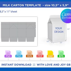 Milk Carton Box Template, Svg, Png, Dxf, Eps, Label, Wrap, Canva, Cricut, Silhouette, Cut File, Sublimation, Printable, Digital, Diy, Gift