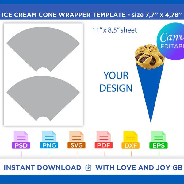 Ice Cream Cone Template, Png, Svg, Dxf, Eps, Label, Wrapper, Canva, Cricut, Silhouette, Cut File, Sublimation, Printable, Digital, Gift, Diy