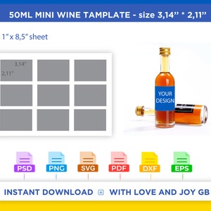 Mini Wine Cognac Liquor Whisky Bottle Template, Png, Svg, Dxf, Eps, Label, Wrap, Canva, Cricut, Silhouette, Cut File, Sublimation, Digital