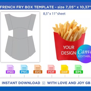 Frans eten Fry Potato Box sjabloon, Svg, Png, Dxf, Eps, Label, Wrapper, Canva, Cricut, silhouet, gesneden bestand, sublimatie, afdrukbaar, cadeau