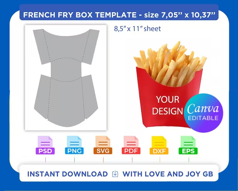 French Eating Fry Potato Box Template, Svg, Png, Dxf, Eps, Label, Wrapper, Canva, Cricut, Silhouette, Cut File, Sublimation, Printable, Gift