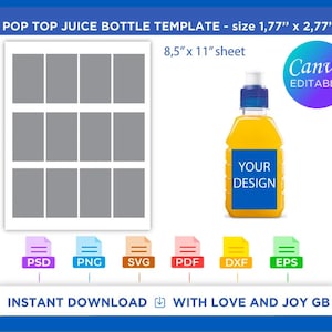 Pop top Juice Bottle Template, Svg, Png, Dxf, Eps, Label, Wrapper, Canva, Cricut, Silhouette, Sublimation, Cut File, Printable, Digital, Diy