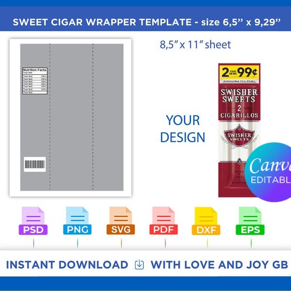 Sweet Cigar Template, Png, Svg, Dxf, Eps, Pdf, Psd, Label, Wrapper, Canva, Cricut, Silhouette, Sublimation, Printable, Digital, Gift, Diy