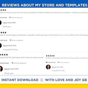 May include: Five-star reviews for a shop selling digital templates. The reviews highlight the ease of use, quality, and customer service. The shop name is "With Love and Joy GB".