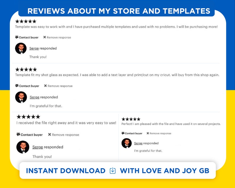 May include: Five-star reviews for a shop selling digital templates. The reviews highlight the ease of use, quality, and customer service. The shop name is "With Love and Joy GB".
