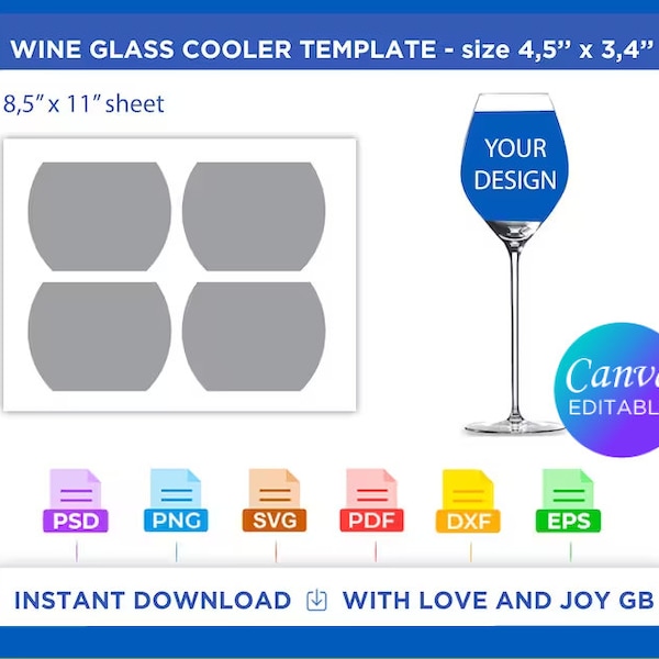 Wine Glass Cooler Template, Png, Svg, Dxf, Eps, Label, Wrapper, Cut file, Canva, Cricut, Silhouette, Sublimation, Printable, Digital, Gift