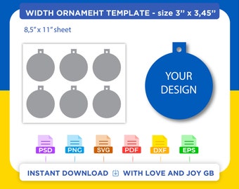 May include: Printable ornament template with six 3-inch diameter circles on an 8.5 by 11 inch sheet. The template is in gray and white. The image also shows a blue circle with the text "YOUR DESIGN" in white.