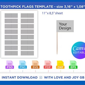 Toothpick Flag Template, Png, Svg, Dxf, Eps, Label, Wrapper, Cut file, Canva, Cricut, Silhouette, Sublimation, Printable, Digital, Gift, Diy