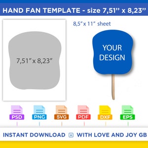 Puede incluir: Una plantilla imprimible para un abanico de mano, que mide 19,08 cm por 20,9 cm. La plantilla está diseñada para imprimirse en una hoja de papel de 21,6 cm por 27,9 cm. La plantilla incluye un contorno gris de la forma del abanico y un área azul para agregar un diseño. El texto "YOUR DESIGN" está impreso en blanco en el área azul. La plantilla está disponible en los formatos PSD, PNG, SVG, PDF, DXF y EPS.