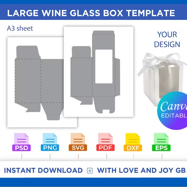 Large Wine Glass Box Template, Svg, Png, Dxf, Eps, Label, Wrap, Canva, Cricut, Silhouette, Cut File, Sublimation, Printable, Digital, Gift