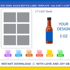 Sauce Bottle Template, Png, Svg, Dxf, Eps, Label, Wrapper, Canva, Cricut, Silhouette, Cut File, Sublimation, Printable, Digital, Gift, Diy