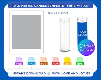 Sjabloon Tall Prayer Candle, Svg, Png, Dxf, Eps, Label, Wrapper, Canva, Cricut, silhouet, gesneden bestand, sublimatie, afdrukbaar, digitaal, cadeau