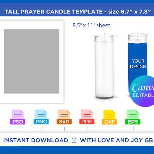 Tall Prayer Candle Template, Svg, Png, Dxf, Eps, Label, Wrapper, Canva, Cricut, Silhouette, Cut File, Sublimation, Printable, Digital, Gift