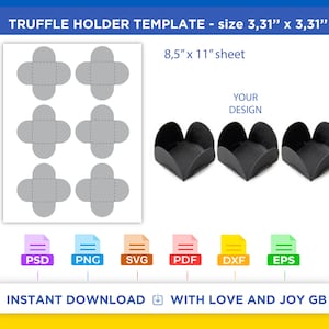 May include: Printable template for a truffle holder. The template is for a 3.31 inch by 3.31 inch truffle holder. The template is designed to be printed on an 8.5 inch by 11 inch sheet of paper. The template includes six truffle holder designs. The template is available in PSD, PNG, SVG, PDF, DXF, and EPS formats.