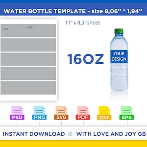 Water Bottle Template, Png, Svg, Dxf, Eps, Label, Wrapper, Canva, Silhouette, Cricut, Cut file, Sublimation, Printable, Digital, Gift, Diy