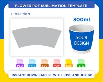 Ceramic Flower Pot Cup Template, Svg, Png, Dxf, Eps, Pdf, Wrapper, Label, Canva, Cricut, Silhouette, Sublimation, Printable, Digital, Gift