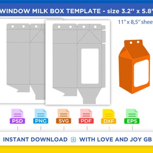 May include: Printable template for a milk carton box with a window. The template is designed to be printed on an 11 inch by 8.5 inch sheet of paper. The box is 3.2 inches by 5.8 inches. The template is shown in gray and includes fold lines and cut lines. The template is also shown assembled in orange.