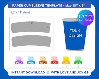 Sjabloon voor papieren koffiekopje, Svg, Png, Dxf, Eps, Canva, Label, Wrapper, gesneden bestand, Cricut, silhouet, sublimatie, afdrukbaar, doe-het-zelf, cadeau