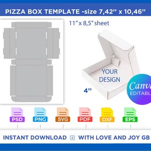 Szablon pudełka na pizzę, Png, Svg, Dxf, Eps, Prezent, Plik do cięcia, Zrób to sam, Etykieta, Opakowanie, Canva, Sylwetka, Cricut, Sublimacja, Pobierz, Do druku
