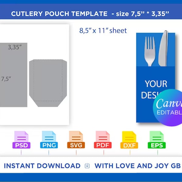 Cutlery Pouch Set Holder Template, Png, Svg, Dxf, Eps, Pdf, Diy, Gift, Cut File, Label, Wrapper, Canva, Notion, Cricut, Sublimation, Print