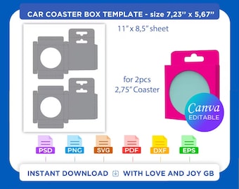 May include: A printable template for a car coaster box. The template is designed for a 11 x 8.5 inch sheet of paper and will create two boxes that are 7.23 x 5.67 inches. The boxes are designed to hold 2.75 inch coasters. The template is available in PSD, PNG, SVG, PDF, DXF, and EPS formats. The template is editable in Canva.