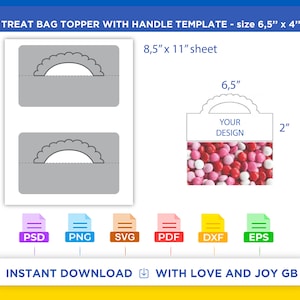 Puede incluir: Plantilla imprimible para un topper de bolsa de golosinas con asa. La plantilla está diseñada para adaptarse a una bolsa de 6,5 pulgadas por 4 pulgadas. La plantilla incluye un recorte para un asa y un espacio para un diseño. La plantilla está disponible en los formatos PSD, PNG, SVG, PDF, DXF y EPS.