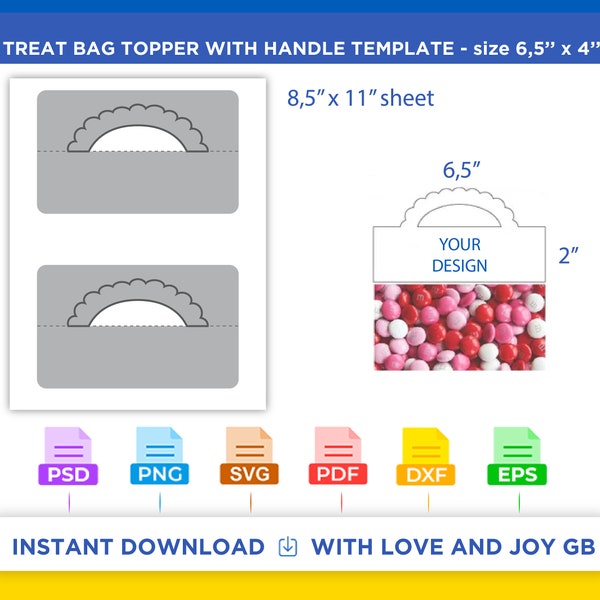 Treat Bag Topper Template with Handle, Png, Svg, Dxf, Eps, Label, Wrapper, Cut file, Canva, Cricut, Silhouette, Sublimation, Printable, Diy