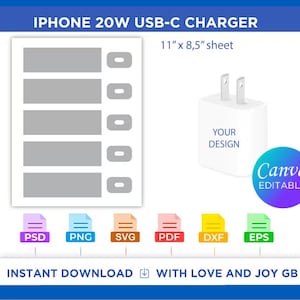 USB-C iPhone Charger Template, Svg, Png, Dxf, Eps, Canva, Label, Wrap, Cut File, Cricut, Silhouette, Sublimation, Printable, Digital, Gift