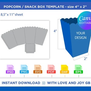 Op de afbeelding: Een printbare sjabloon voor een popcorn- of snackdoos. De sjabloon is ontworpen om te worden afgedrukt op een vel papier van 8,5 inch bij 11 inch en gevouwen om een doos te maken die 4 inch hoog en 2 inch breed is. De sjabloon bevat een stippellijn om aan te geven waar het papier gevouwen moet worden. De sjabloon is in grijs weergegeven en de afgewerkte doos is in blauw weergegeven. De tekst "Canva Editable" is zichtbaar in de afbeelding.