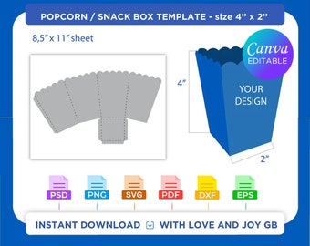 Snack PopCorn Box Template, Svg, Png, Dxf, Eps, Label, Wrapper, Canva, Cricut, Silhouette, Cut File, Sublimation, Printable, Digital, Gift
