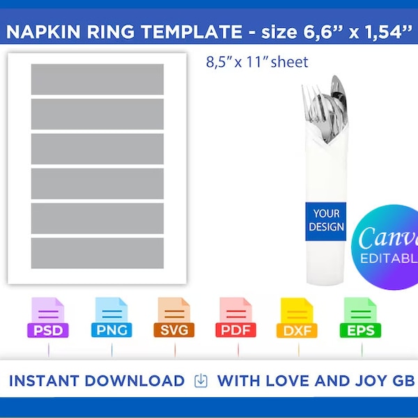 Napkin Ring Template, Svg, Png, Dxf, Eps, Label, Wrapper, Canva, Cricut, Silhouette, Cut File, Sublimation, Printable, Digital, Gift, Diy