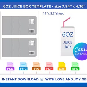Juice Box Template, Svg, Png, Dxf, Eps, Pdf, Label, Wrapper, Canva, Cricut, Silhouette, Cut File, Sublimation, Printable, Digital, Diy, Gift