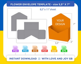 Flower Envelope Box Template, Png, Svg, Dxf, Eps, Canva, Label, Wrapper, Cut File, Cricut, Silhouette, Sublimation, Printable, Digital, Gift