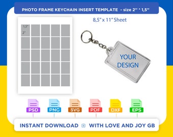 May include: A printable template for a 2 inch by 1.5 inch photo frame keychain insert. The template is designed to fit an 8.5 inch by 11 inch sheet of paper. The template includes a grid to help you position your photos. The template is available in PSD, PNG, SVG, PDF, DXF, and EPS formats.