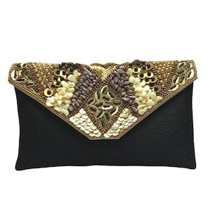 Bolso de mano con adornos bordados y cuentas de yute Kali, bolso de mano de noche, bolso de mano de fiesta