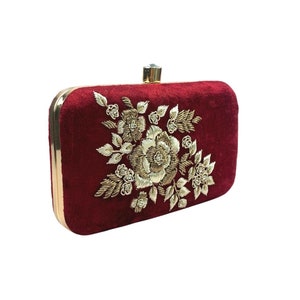 Majestic Red Floral Velvet Embroidered Embellished Clutch, Evening Clutch, Party Clutch, Wedding Clutch, Prom Clutch