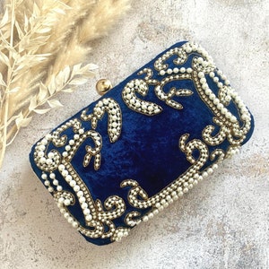 Regal Navy Blue Velvet Beaded Embroidered Embellished Clutch Bag, Evening Clutch, Party Clutch