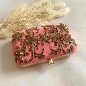 Cartera de mano con adornos bordados de terciopelo rosa, cartera de mano de noche, cartera de mano de fiesta, cartera de mano de boda, cartera de mano de graduación