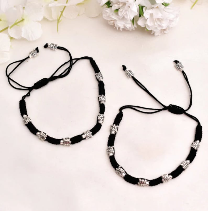 925 Silver Lookalike Thread Anklet Black Thread Beaded Floral ,turtle
