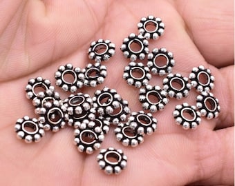 8mm - 50pc Antique Silver Heishi Beads, Large Hole Silver Plated Daisy Spacer Beads, Silver Bali spacer Beads For Jewelry Making / 3mm Hole