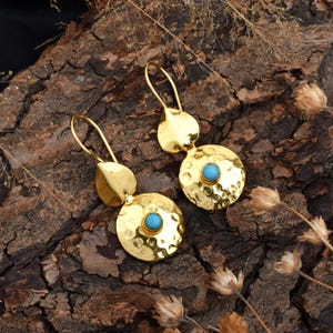 18k Gold Minimal Turquoise Hammered Earrings, Handmade Dangle Drop Earrings, Minimalist Earring, Gift For Mother-Anniversary-Her, Beach Wear