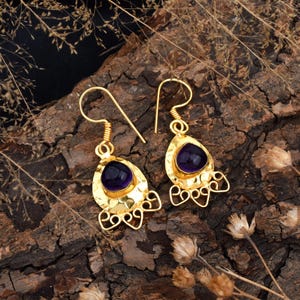 14k Gold Minimal Amethyst Earrings, Drop Earrings, Handmade Hammered Earrings, Minimal Drop Earring, Gift For Mother-Anniversary-Her-Beach