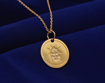 Delicado collar de mariquita de oro macizo de 14 k, colgante de mariquita personalizado, colgante de animal, símbolo de buena suerte, para ella, para él, para novia o novio