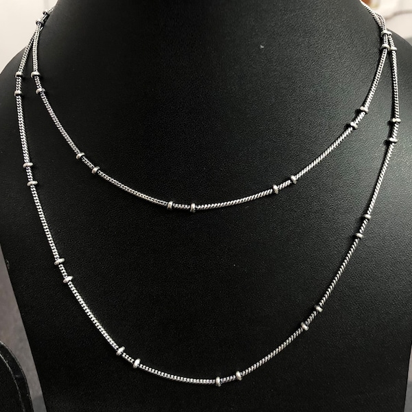 Foxtail Chain | 925 Silver Plated Chain | Thin Chain | Foxtail Chain With Beads | Oxidized Chain | 33 Inches Chain | Long Ball Bead Chain
