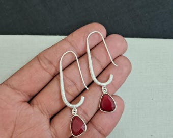 Red Onyx Earrings, Silver Brushed Earrings, Dangle Drop Earring, Silver Onyx Earrings, July Birthstone, Gift, For Bride, Mother, Wife